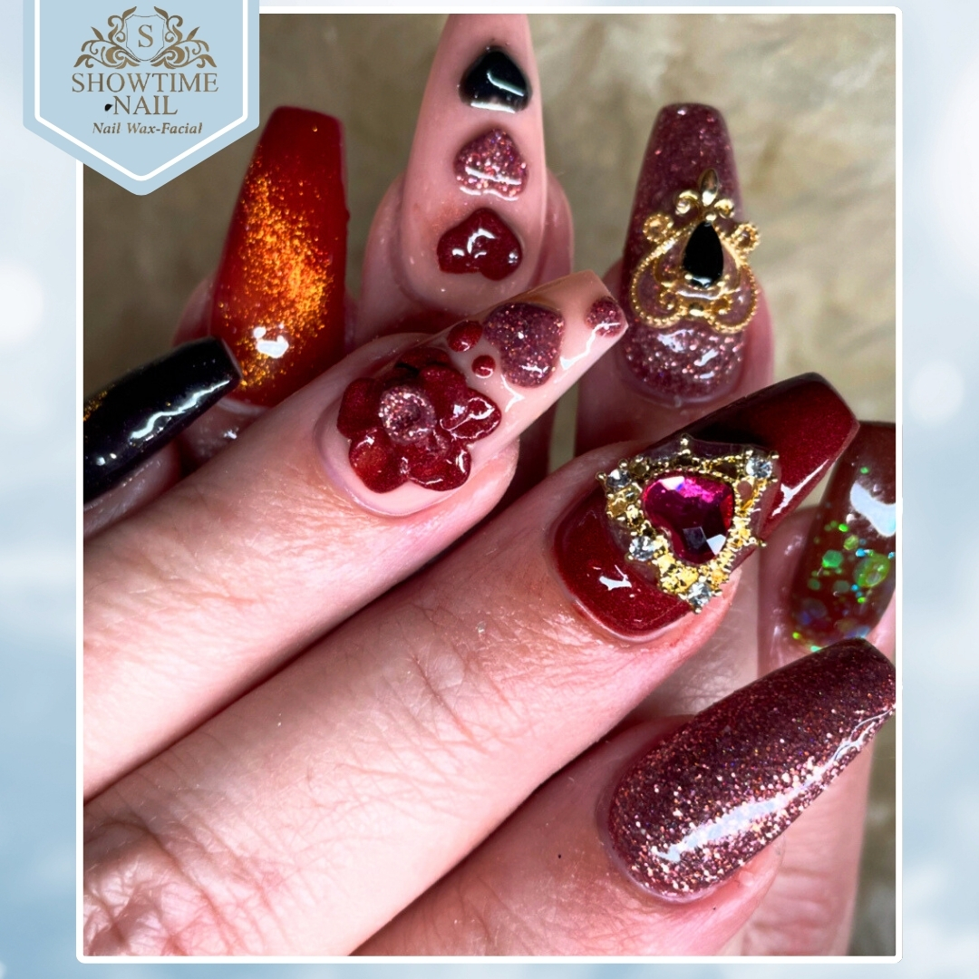Royal Crimson & 3D Charms - Showtime Nail Las Vegas